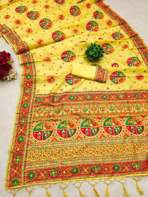 Yellow Kashmiri Pashmina Silk Saree with vibrant Meena weaving and a designer pallu.