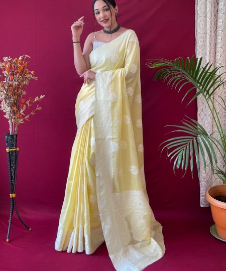 Yellow Linen Lucknowi based Weaving on border and pallu - dvz0003312